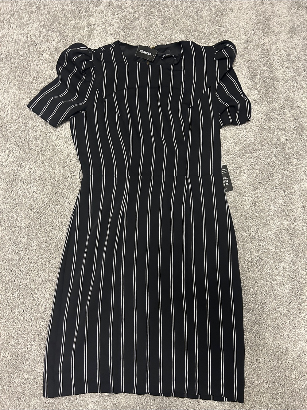 Express Black Dress with White Pinstripes and Puff Sleeves